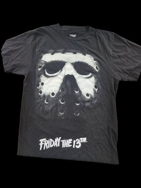 Friday the 13th Black Graphic Tee with White Mask Print